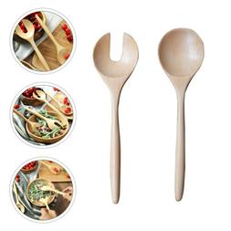 1 Set 2pcs Salad Spoon Round Wood Spoon and Fork Salad Serve