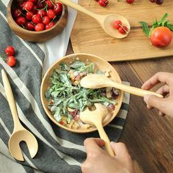 1 Set 2pcs Salad Spoon Round Wood Spoon and Fork Salad Serve