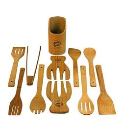 11 Pcs Wooden Bamboo Cooking & Serving Utensils Set Holder &