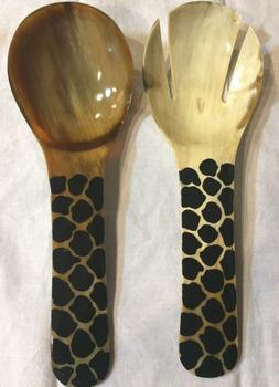 African Motif FORK & SPOON SALAD SET ~ Faux Bone with Black 