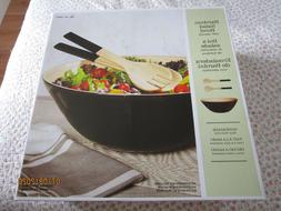 Handmade Bamboo Salad Pasta Black Bowl with Fork and Spoon I