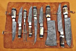 Custom Hand-Made Damascus 9 Piece Chef & Steak Knife Set | S