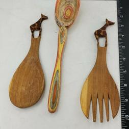 GIRAFFE Wood Salad Server Set Hand Carved Fork Spoon Serving