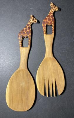 Handcrafted Wooden Salad Servers Fork & Spoon Set Giraffe Ha