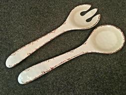 Ivory and Brown Plastic Salad Servers Retro Vintage-Look Spo