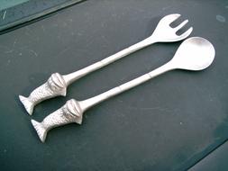 Large Salad Fork and Spoon Chinese Fish Bamboo pattern 15.75