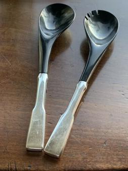 MODERN BLACK PLASTIC SALAD SERVING FORK & SPOON SET WITH SIL