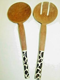 N.0.S VINTAGE TEAK WOOD FORK AND SPOON SALAD SET WITH BLACK 