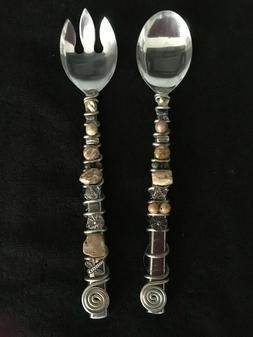 Pair Salad Serving Pieces Fork & Spoon Aluminum  Decorative 