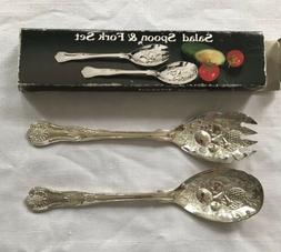 Salad Serving Spoon and Fork Set Silver Plated Raised Fruit 