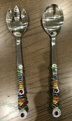 Adcraft Salad Spoon & Fork Set | Decorative Beaded Handles |