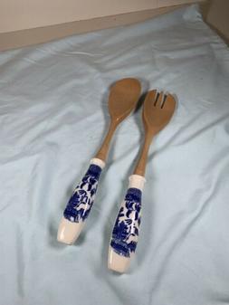 Blue Willow Serving set Fork And Spoon ceramic wood salad se