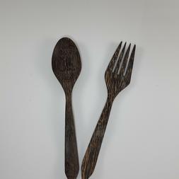 Spoon Fork Palm Wood Salad Soup Handmade Wooden Utensil Kitc