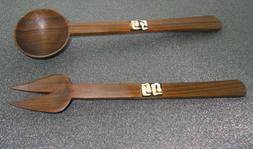 Tiki Style Carved Teak Wood Spoon and Fork Salad Serving Set