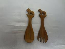 Vintage Child's Teak Salad 4.5" Serving Fork and Spoon with 