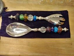 Vintage Fancy Salad Fork and Spoon Set - Jewel & Silver tone