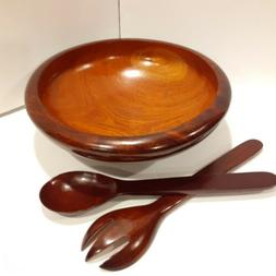 Vintage Large Teak Wood Round Salad Bowl Fork Spoon Set