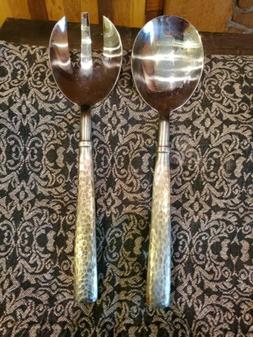 Vintage Pewter Salad Serving Fork & Spoon ~ Hammered Metal S