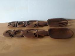 Vintage Salad Fork Spoon Teak Wood Hand Carved Elephants Afr