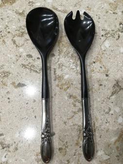 Vintage Salad Serving Fork & Spoon Set Black With Silver Pla
