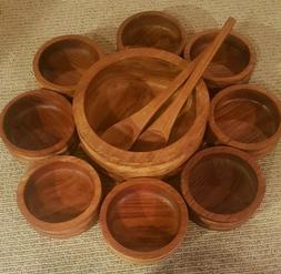 Vintage Teak Wood Salad Set Serving and 8 Bowls w Spoon & Fo