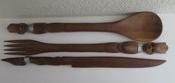 VINTAGE TEAK WOOD,TIKI STYLE SALAD SERVING SET: SPOON, FORK 