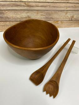 Vtg MCM Solid Teak Large Salad Serving Bowl Spoon Fork Set T