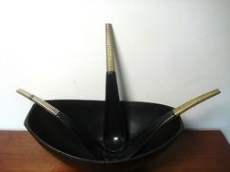 vtg serving bowl TYSON ART Retro black Plastic salad gold ba
