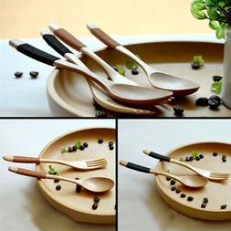 Wooden Wood Spoon Fork School Home Cutlery Salad Cooking Din